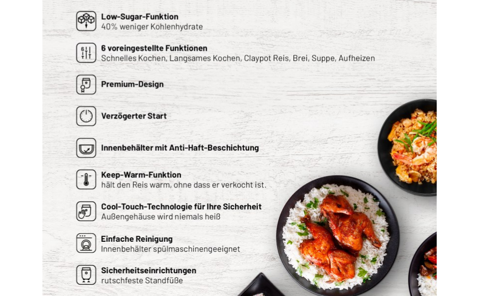 Рисівка Lauben Low Sugar 1.5л з функцією зниженого вмісту цукру, відкладений старт, підтримання тепла, антипригарне покриття, сірий/білий