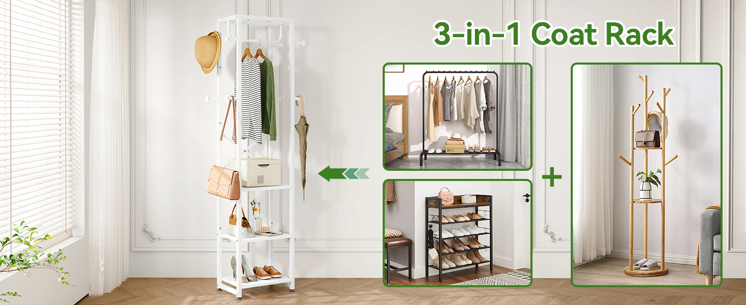 Стійка для одягу IBUYKE, вішалка для одягу з 3 полицями та 8 гачками, індустріальна стійка для передпокою, коридору, спальні, натуральний колір та білий, TMJ088R (180 x 40 x 30 см)