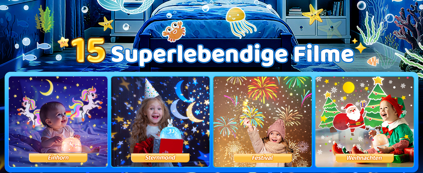 Нічник-проектор зоряного неба для дітей з 15 фільмами, Bluetooth, LED, нічник для дитячої кімнати, кролик