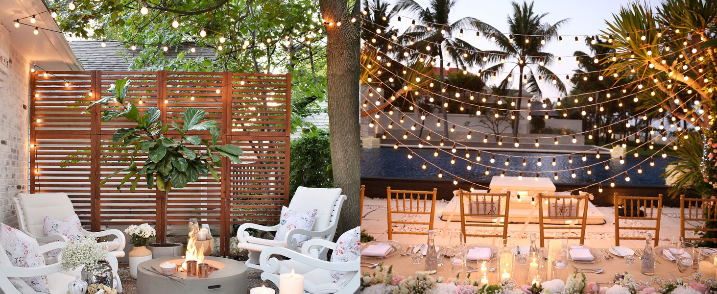 Світлодіодна гірлянда для зовнішнього використання, 60 м, G40 LED, вологостійка IP45, димерна, тепле біле світло (2700K), 104 пластикові лампочки, для декору саду, тераси, вечірки