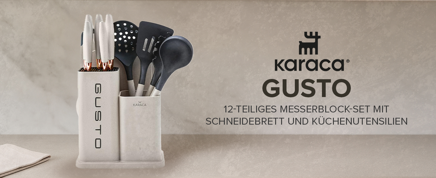 Набір ножів Karaca Gusto 12 предметів з дерев'яною підставкою та кухонними аксесуарами, з нержавіючої сталі, ергономічні ручки, кремовий колір