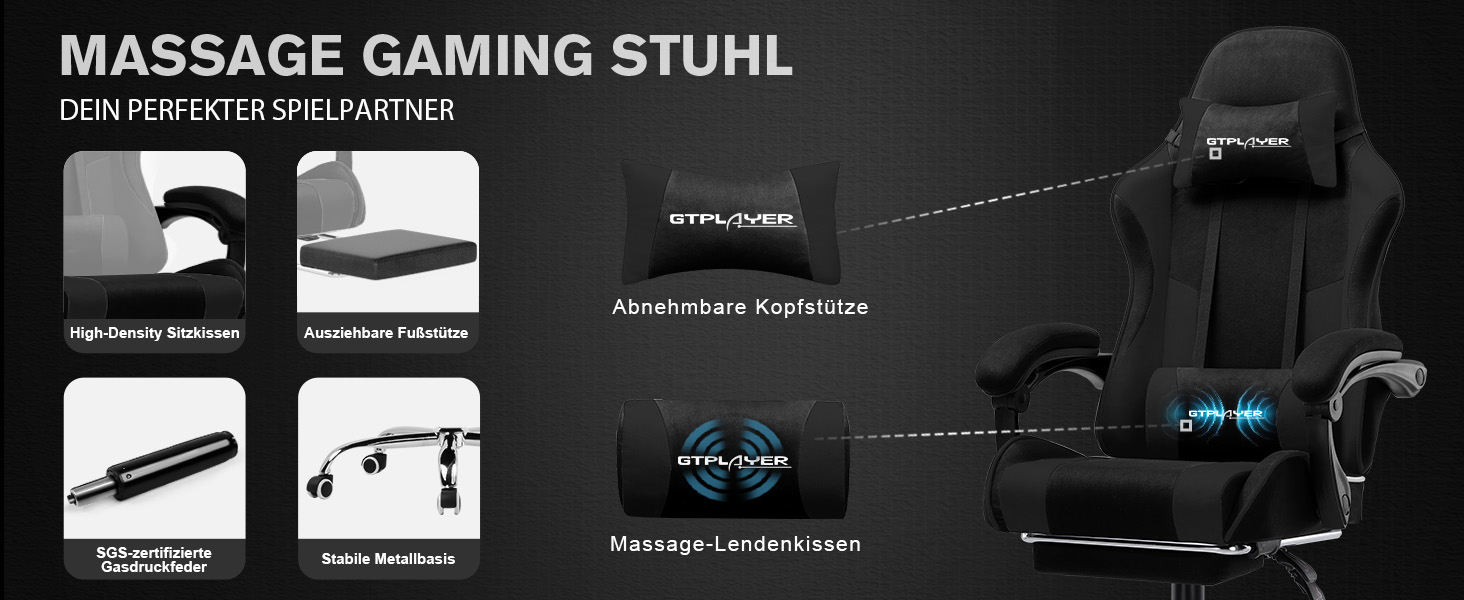 Ігрове крісло GTPLAYER з підніжкою, підголовником та масажем спини, біле (чорне, тканина)