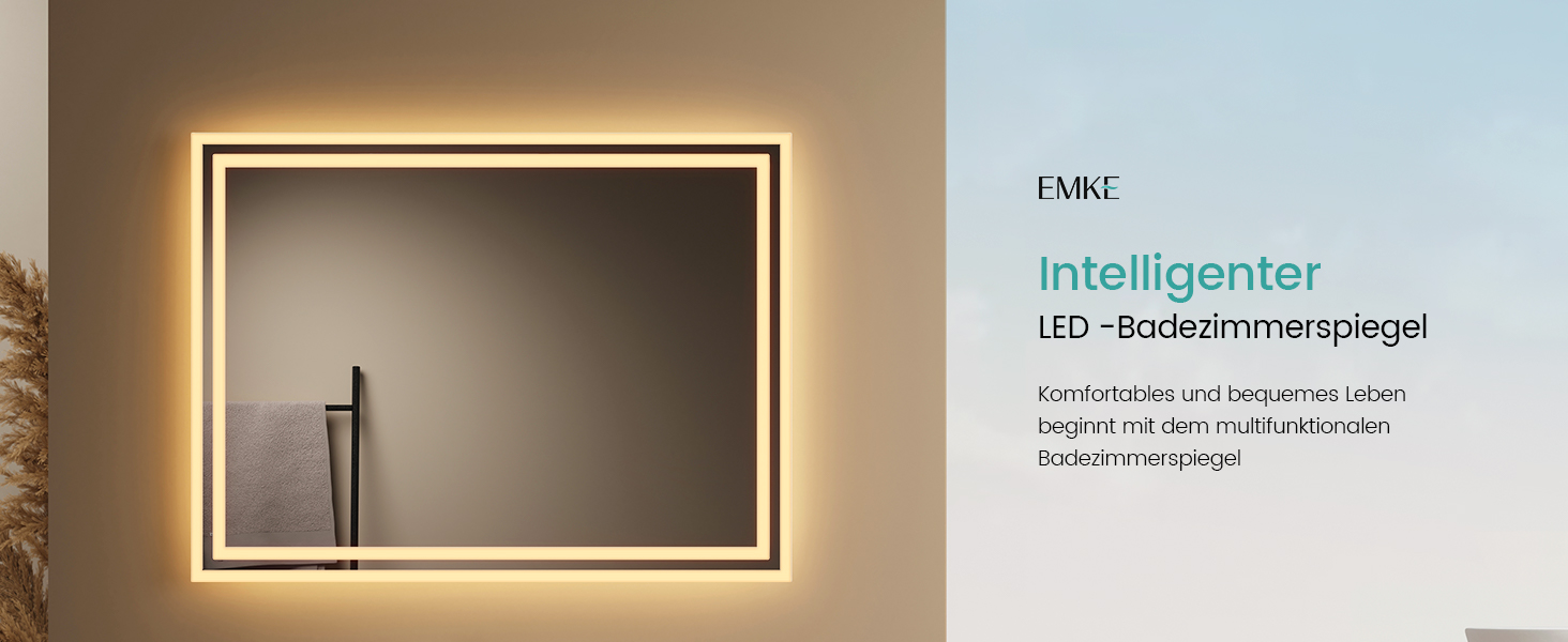 Дзеркало для ванної кімнати EMKE з підсвічуванням 120x60 см, тепле біле світло 3000K, вимикач, матовий бортик 2.70 x 50 см