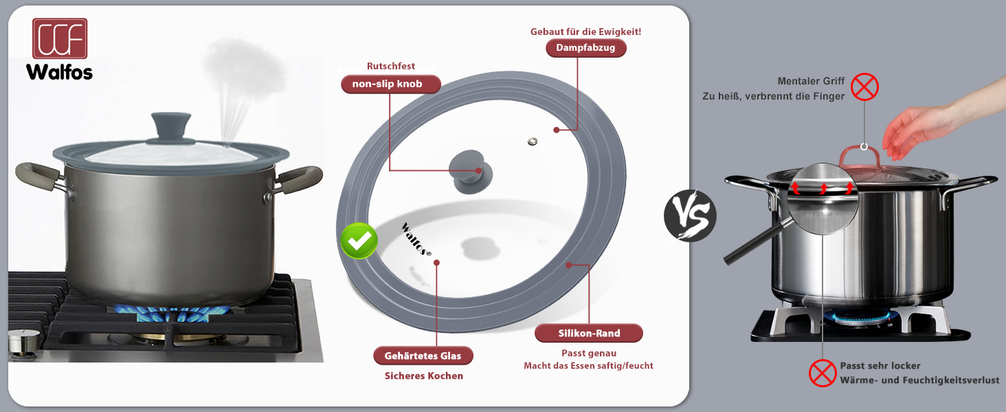 Універсальна скляна кришка для каструль та сковорідок Walfos з силіконовим обідком, термостійка, сіра (діаметр 33, 36, 38 см)