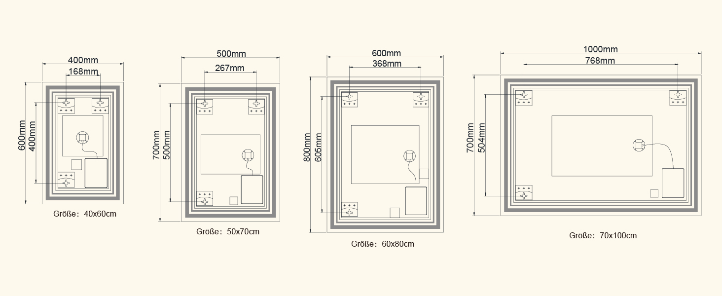 Дзеркало для ванної кімнати з підсвічуванням Badspiegel 50x70см LED, антизапар, сенсорне керування, регулювання яскравості, 3 кольори світла, настінне, горизонтальне/вертикальне