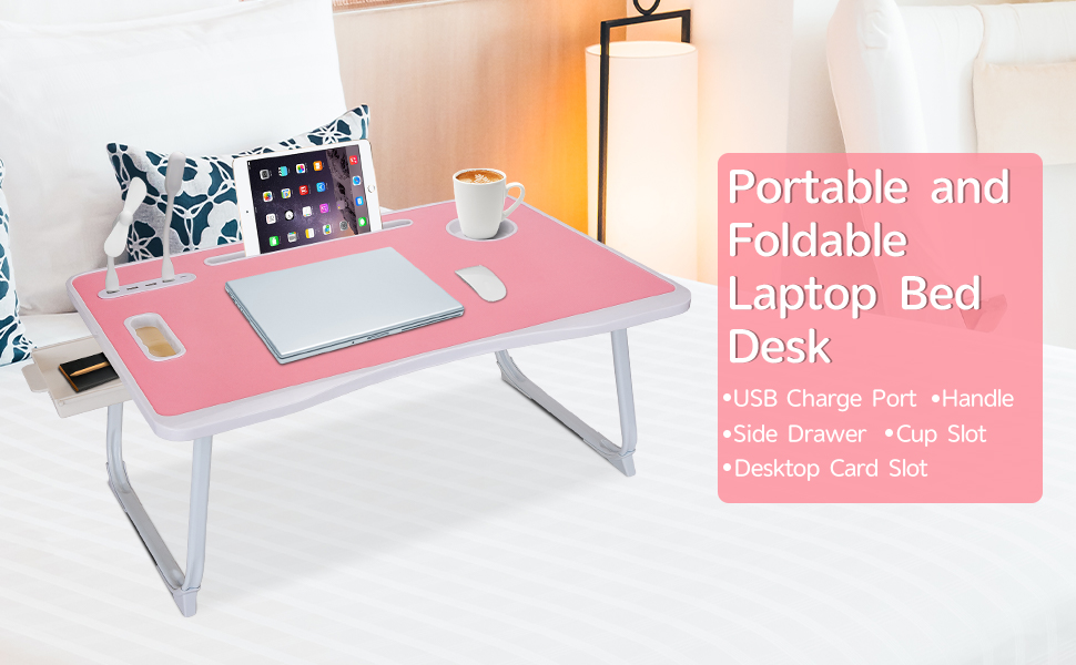 Стіл для ноутбука в ліжко, складаний з USB-портом, ручкою, кишенями для карток, тримачем для напоїв та висувною шухлядою (рожевий)