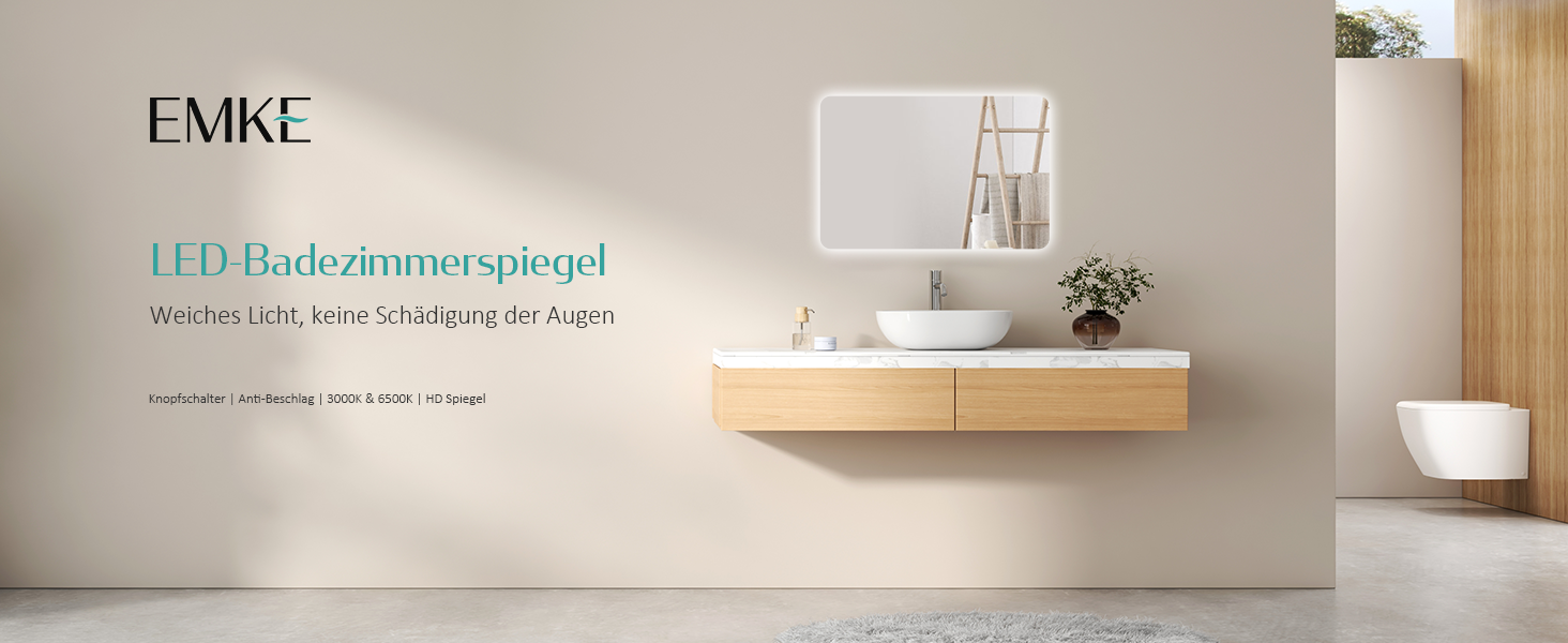 Дзеркало для ванної кімнати EMKE з підсвічуванням 40x60 см, антизапар, 2 кольори світла (тепле/холодне), вимикач-рейка, IP44, енергозберігаюче, захищене від вибуху