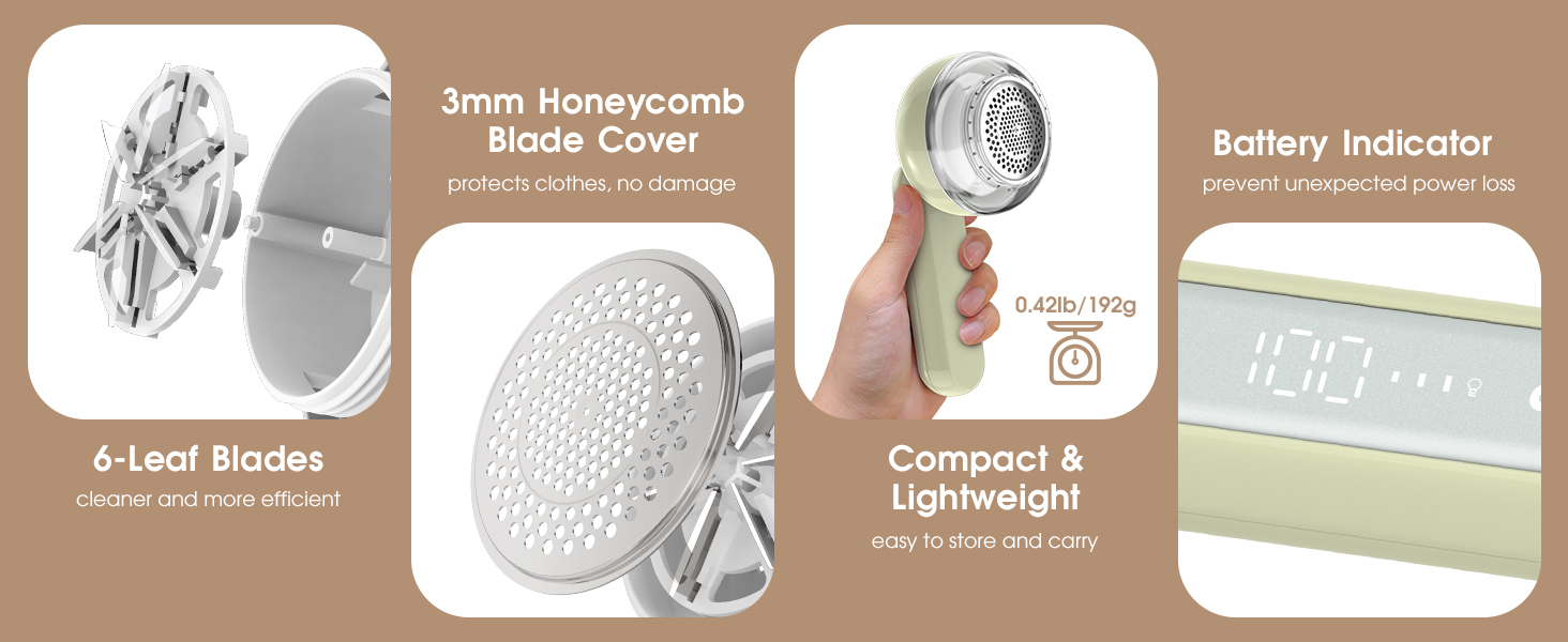 Електричний триммер для одягу COPPA, 6 лез, 3 швидкості, перезаряджається, з індикатором заряду, для пуловерів та одягу, білий (зелений)