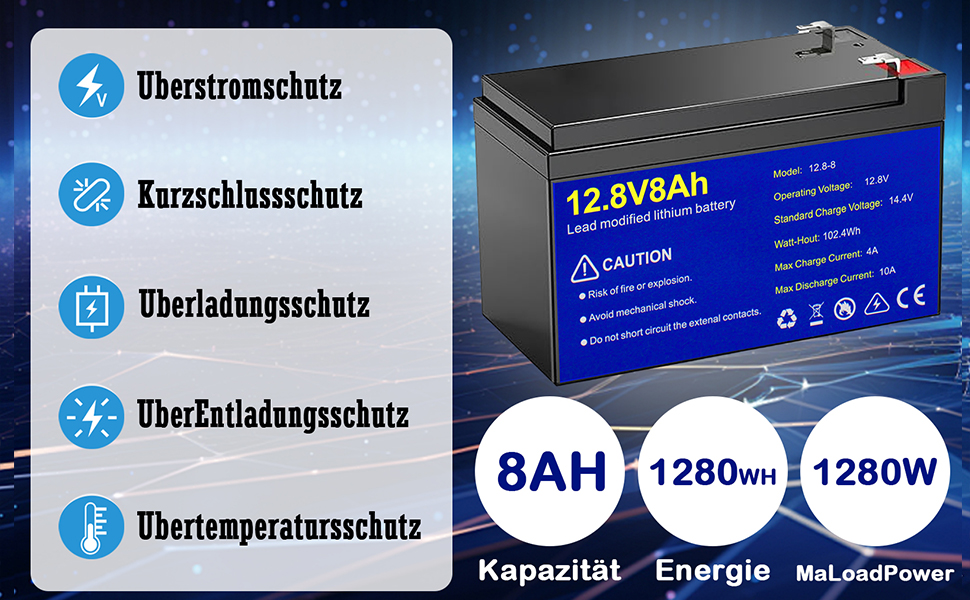 Акумуляторна батарея Lifepo4 100Ah 12V з 15000 циклами та захистом BMS, заміна на свинцево-кислотну (12,8 В/8 Агод)