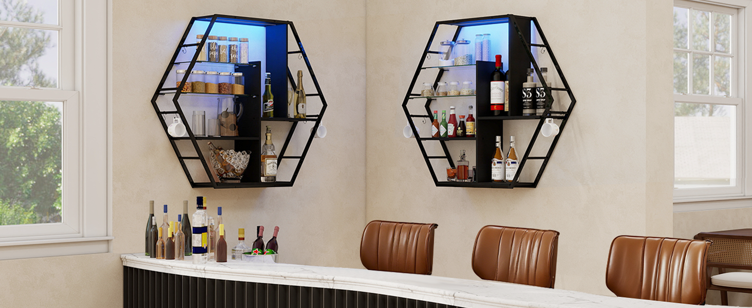 Підвісні полиці YU YUSING з RGB підсвічуванням 7 кольорів, геймерські полиці з 8 гачками, стелажі для демонстрації, настінні вітрини з 2 скляними полицями, підвісні шафи для спальні, кухні, бару, ігрової кімнати, декор, гексагон, карбонове покриття