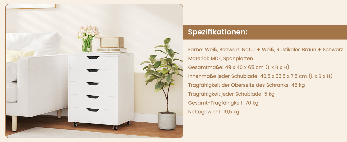 Роликовий контейнер GIANTEX з 5 шухлядами, офісний шафчик на колесах, тумбочка під стіл з дерева, друкарський столик для дому та офісу (білий, 49 x 40 x 65 см)