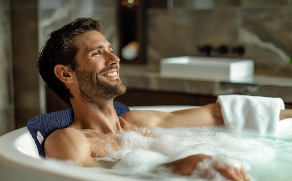 Подушка для ванни з сіткою для прання - Максимальний комфорт та розслаблення з новітньою технологією Air Mesh - Подушка для ванни з 4 міцними присосками - Подушка для шиї/голови (темно-синій)