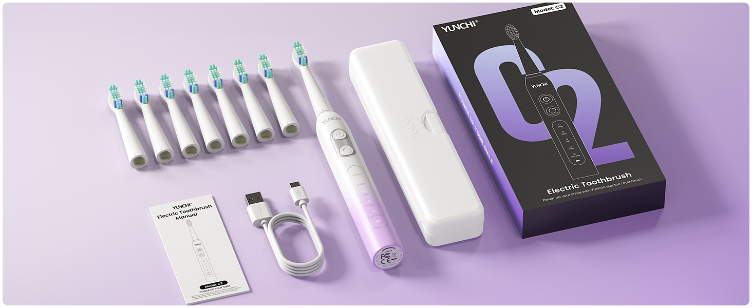 Електрична зубна щітка YUNCHI - звукова, для дорослих та дітей, 40000 VPM, USB-C, 5 режимів, 8 насадок + чохол, блакитна (C2 фіолетовий та білий)