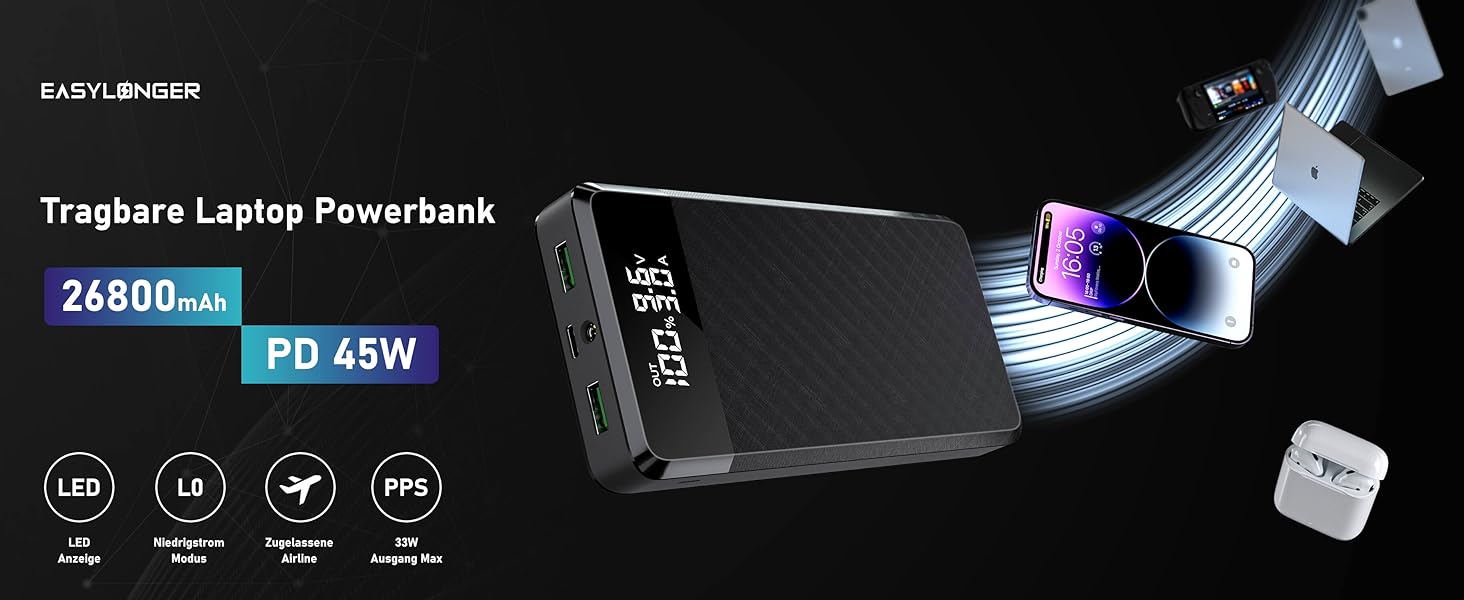 Для ноутбука 26800mAh 96.48Wh PD 45W Power Bank Power Bank зі швидкою зарядкою Акумуляторна батарея зі світлодіодним індикатором USB C Зовнішній акумулятор для MacBook, мобільного телефону, Lenovo, HP, Dell, Ipad Black