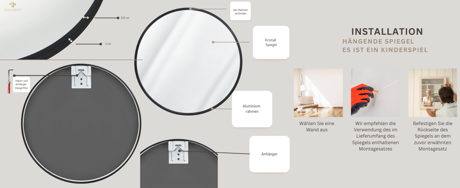 Круглий настінний дзеркало GOLD&CHROME UNIQUE DESIGN чорного кольору - 50 x 50 см, для ванної кімнати та макіяжу, з алюмінію, декоративне, велике, 2 роки гарантії