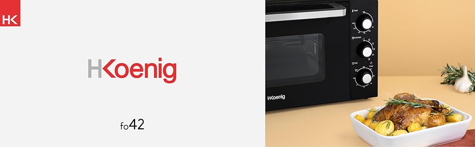 Міні-піч H.Koenig FO42, 42 л, 230°C, 5 режимів, таймер 90 хв, конвекція, гриль, з щипцями, крихтозбірник, поворотний насадка, 2000W