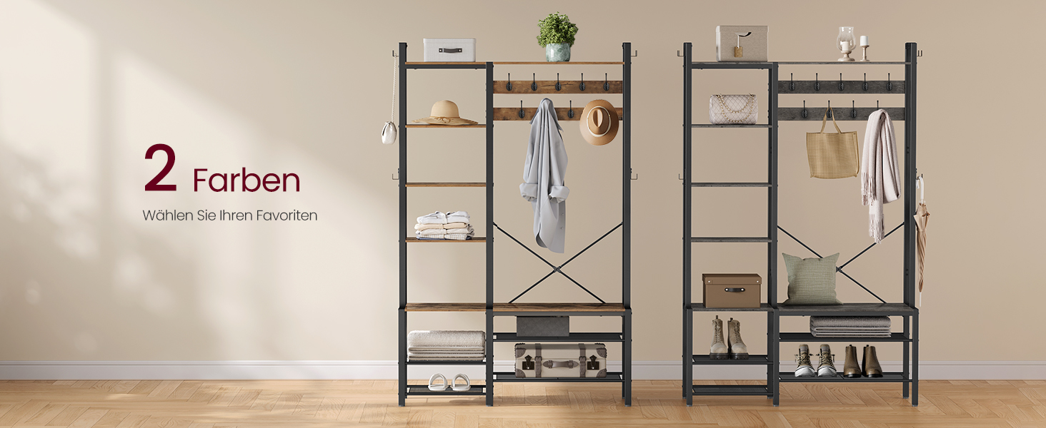 Стійка для одягу VASAGLE з полицею для взуття, 5 полиць, 9 тричі-гачків, 6 бічних гачків, 40 x 120 x 190 см, вінтажний коричневий + чорний, HSR426B01