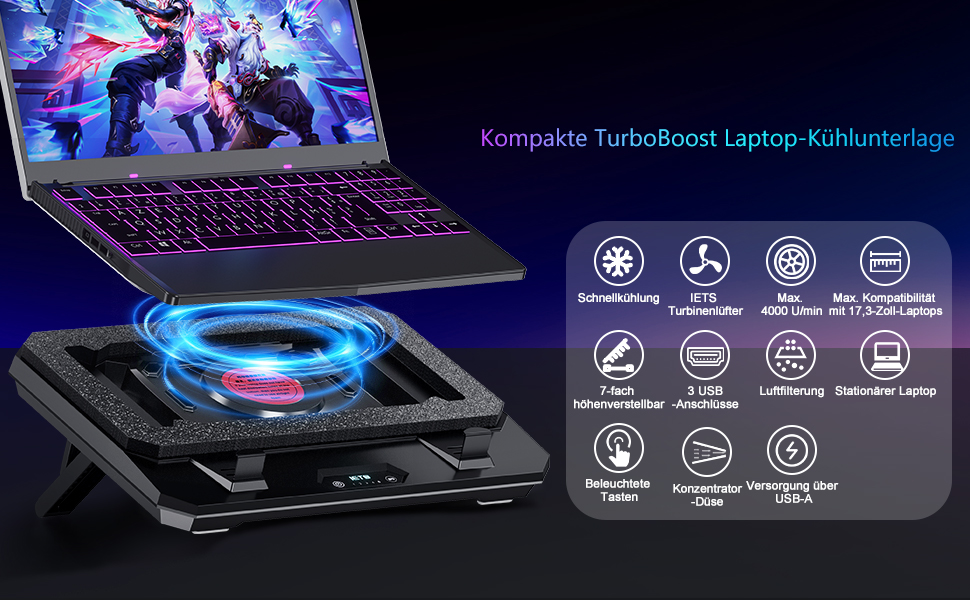 Охолоджувач для ігрового ноутбука IETS GT300 Turbo Cooling Pad, підставка з регульованим нахилом та повітряним фільтром для ноутбуків 10-17 дюймів (GT300B1)
