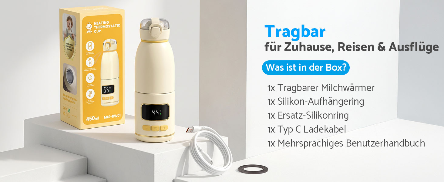 eSynic Підігрівач для пляшечок 450 мл з акумулятором 15000mAh, нержавіюча сталь 316, швидкий нагрів за 2-3 хв, для грудного молока та води, USB-C, BPA-free, для подорожей та нічного годування