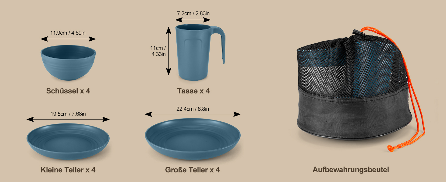 Набір посуду Odoland на 4 особи, 17 предметів: тарілки, миски, чашки (блакитний)