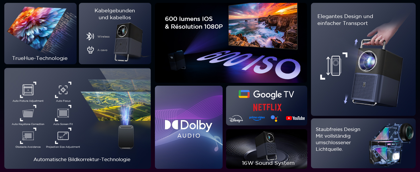 Проєктор TCL A1s 4K Full HD Google TV/Netflix: Dolby Audio, Bluetooth, WiFi, Автофокус, Корекція трапеції 6D для дому та ігор