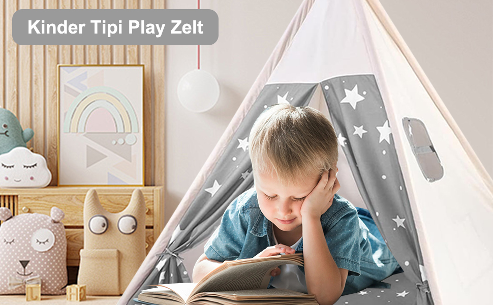 Дитяче намет-типі Camiraft сірого кольору, індійський намет-іграшка зі зірками для дітей, бавовняний намет для дівчаток та хлопчиків з сумкою, складаний дитячий домік для дому чи на вулицю