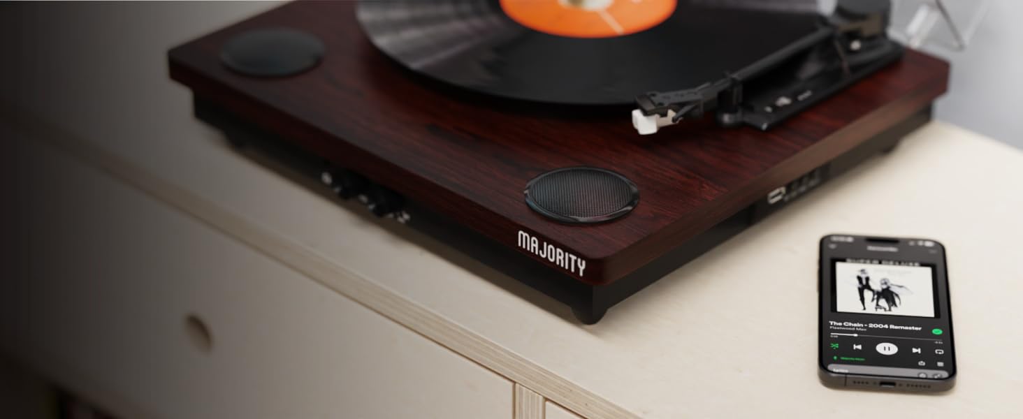 Вініловий програвач Majority Moto з Bluetooth, динаміком, USB-записом, касетою, адаптером 45 RPM та фетровим килимком