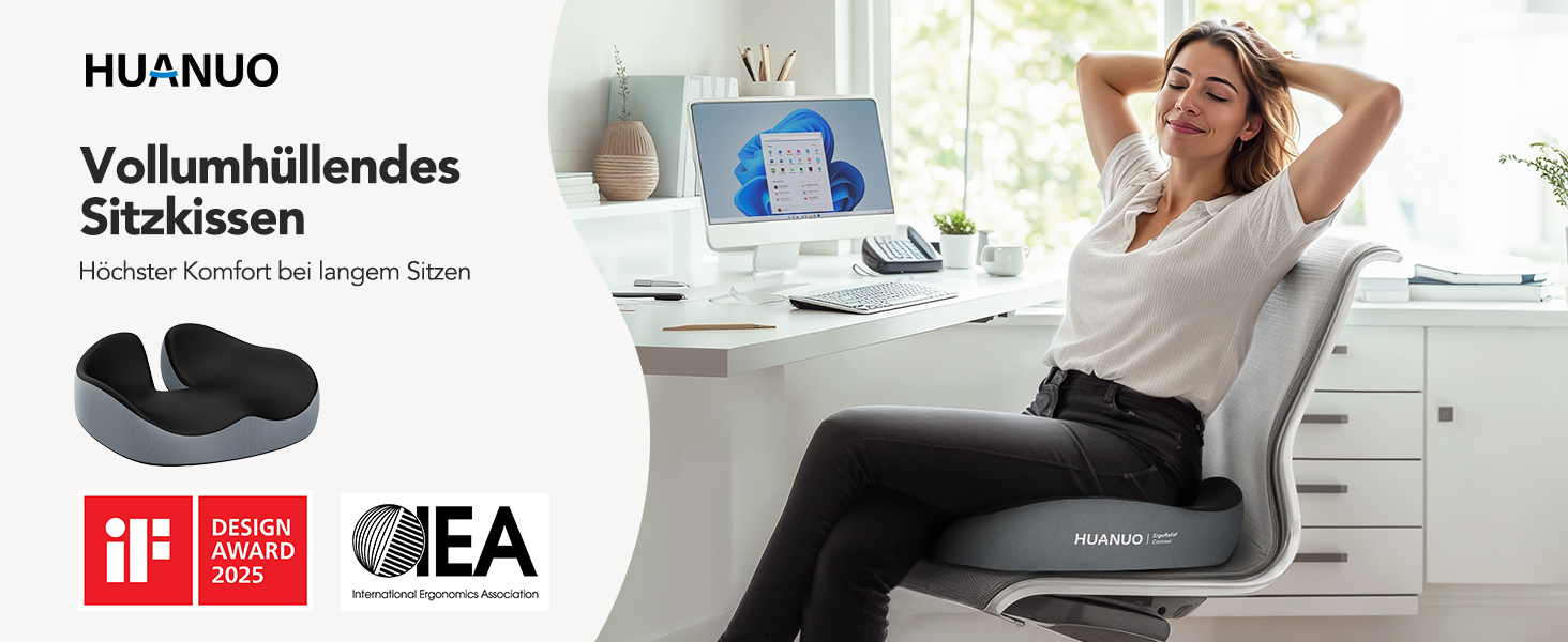 Подушка для офісного крісла HUANUO: велика подушка з піною Memory Foam. Зняття напруги з попереку та куприка. Підходить для офісних крісел, авто та інвалідних візків. Ідеально для тривалого сидіння. Нековзна поверхня.