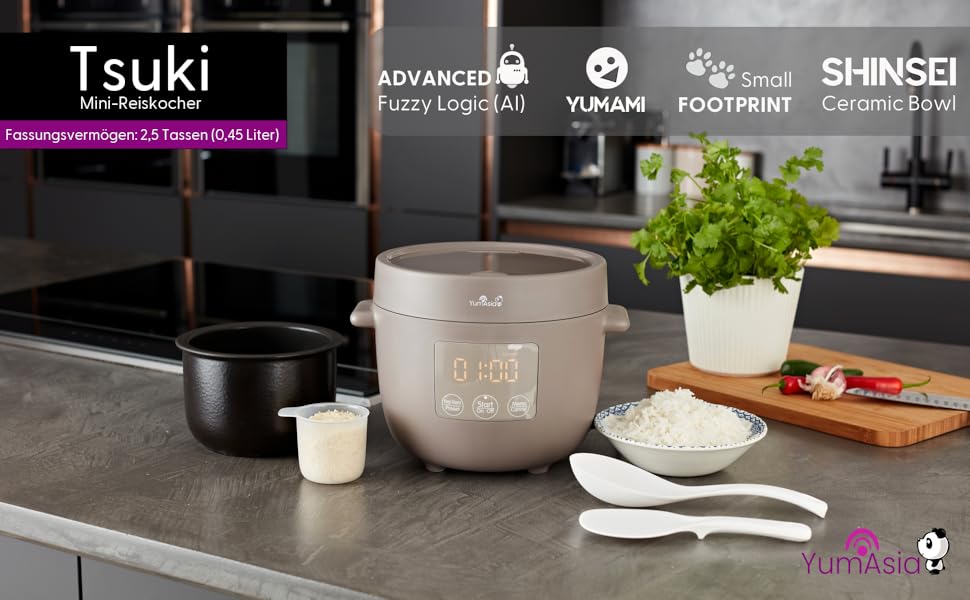 Керамічний рисоварка Yum Asia Tsuki Mini (2,5 чашки, 0,45 л), 5 функцій приготування рису, 2 функції мультиварки, LED-дисплей, 220–240V (Сірий)