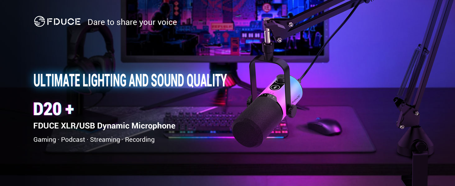 Ігровий мікрофон FDUCE з USB/XLR підключенням для стрімінгу, запису подкастів та ігор. RGB-підсвічування, регулювання чутливості, навушник, кріплення-павук (D20+)
