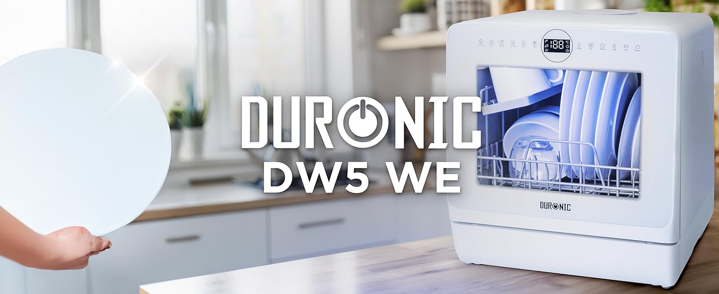 Настільна посудомийна машина Duronic DW5 BK, міні, 6 програм, 3 комплекти посуду, бак 5 л, без підключення до води