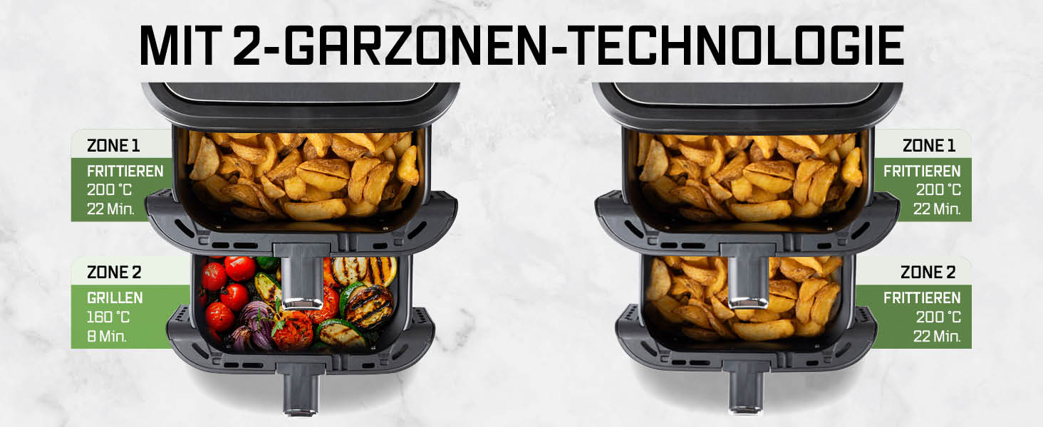 Фритюрниця повітряна Gourmetmaxx FryUp з вертикальною подвійною камерою, 10 літрів (2x5л), сенсорний дисплей