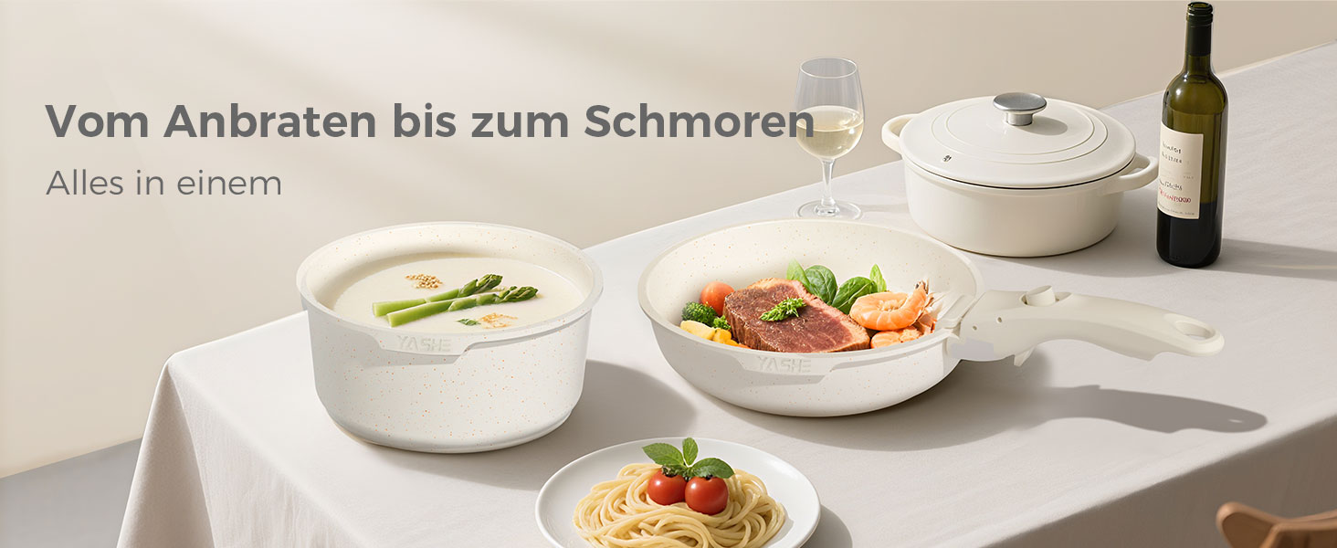 Набір посуду YASHE 9 предметів: каструлі та сковорідки з антипригарним покриттям, білий, для всіх плит, знімний ручка, сумісний з духовкою, компактний, сталевий