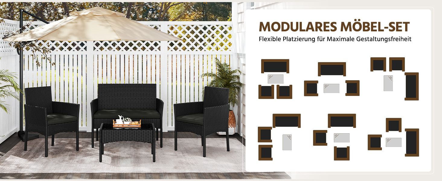 Набір садово-розплідницьких меблів Yaheetech на 4 особи з ротангу для тераси/балкону/саду (софа 2 місця, 2 стільці, стіл, подушки)