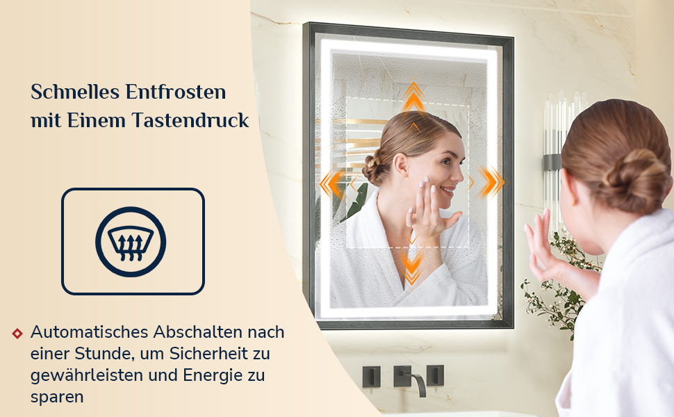 Дзеркало для ванної кімнати Keonjinn з підсвічуванням, металевий каркас 50x70 см, антизапар, LED, сенсорне керування, 3 кольори світла, диммування, пам'ять, настінне дзеркало (Чорний, 60 x 100 см)