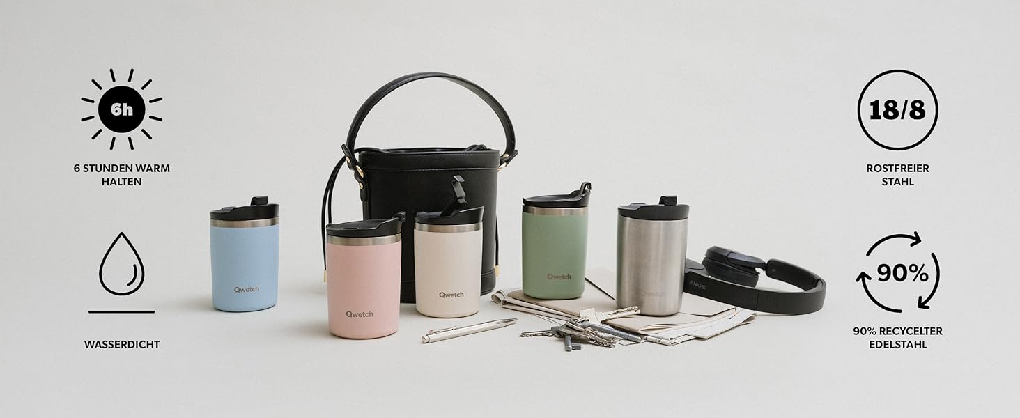 Термокружка QWETCH 240 мл, нержавіюча сталь, чорна - для кави та чаю, зберігає тепло 6 год, холод 12 год, BPA-free, без витоку, багаторазова
