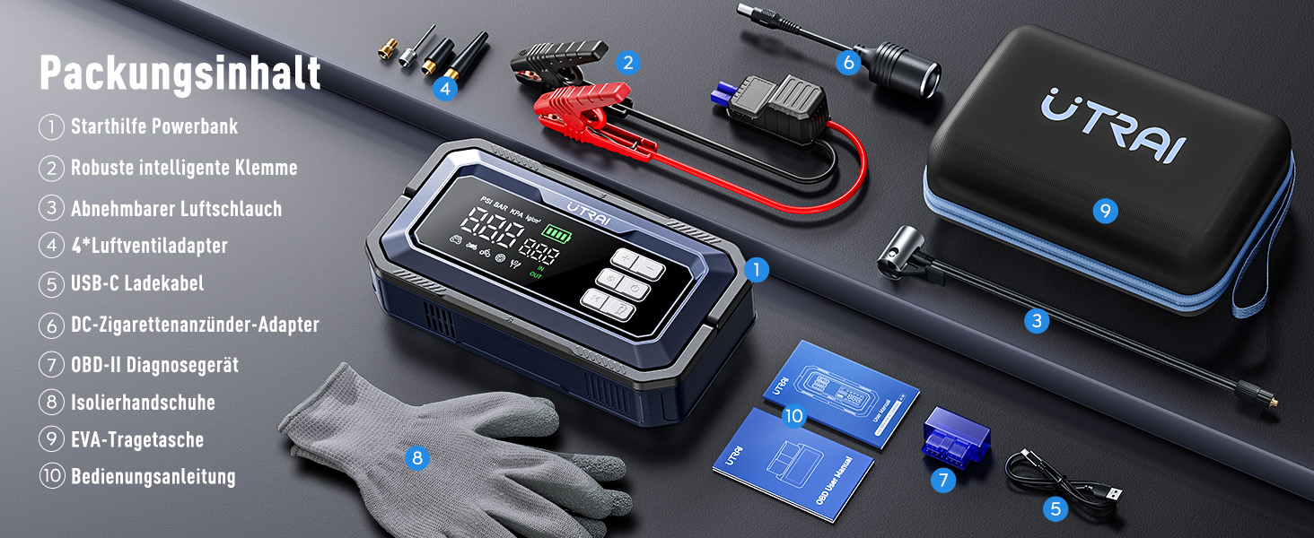 Powerbank-пусковий пристрій UTRAI 7000A з компресором та OBD-сканером. 2000 люмен LED, 160W DC, для бензинових та дизельних авто