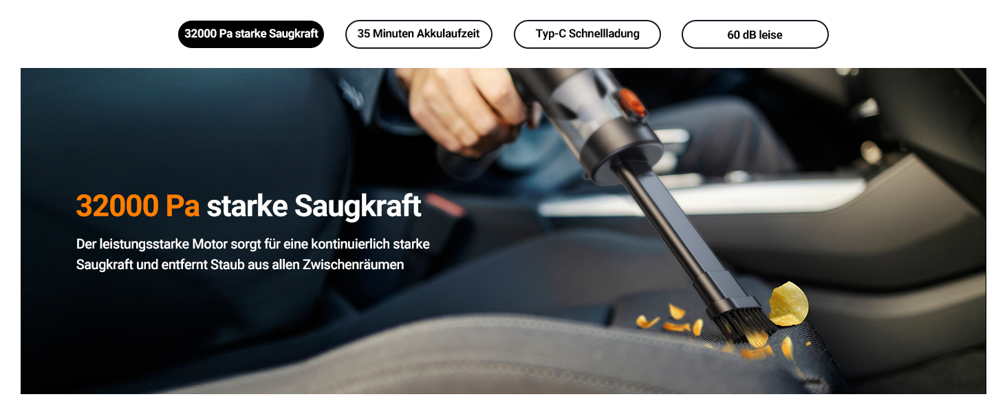 Акумуляторний ручний пилосмик SEALIGHT 32000Па, бездротовий автомобільний міні-пилосос 4-в-1 з безщітковим двигуном для шерсті тварин, авто та дому, темно-сірий матовий чорний