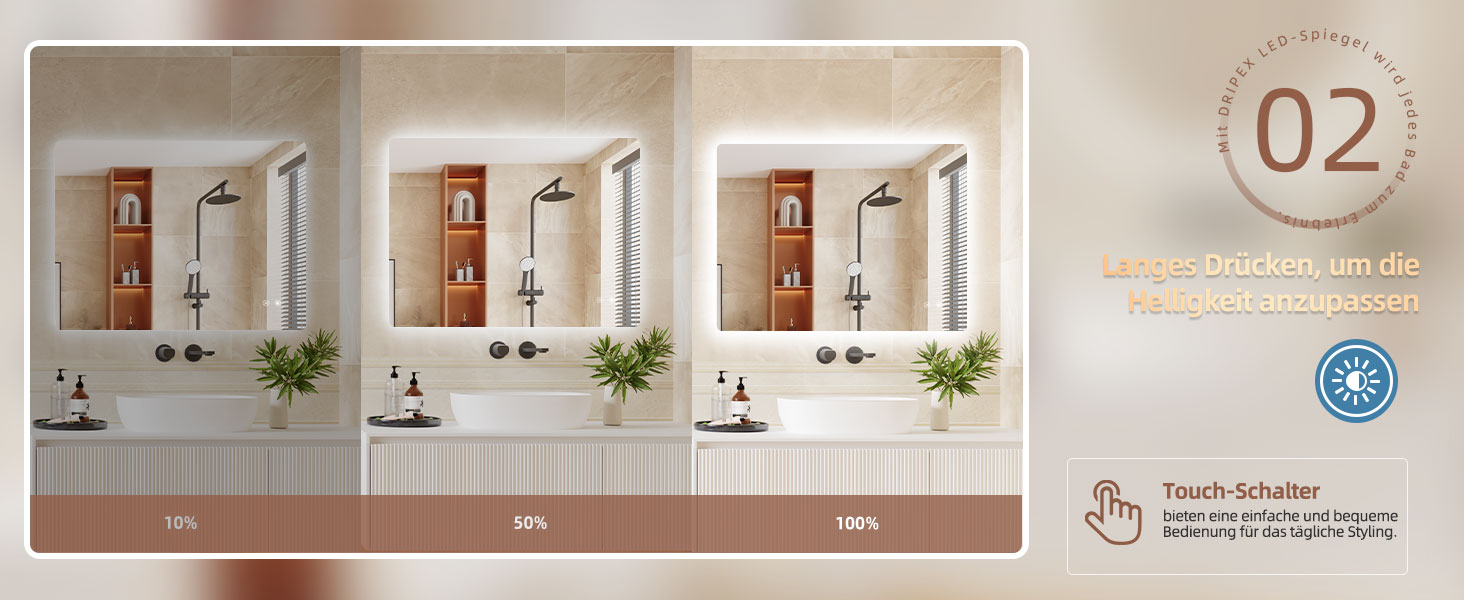 Дзеркало для ванної кімнати з LED підсвічуванням Dripex, сенсорне керування, регулювання яскравості, 3 кольори світла, антизапар, 80x80 см