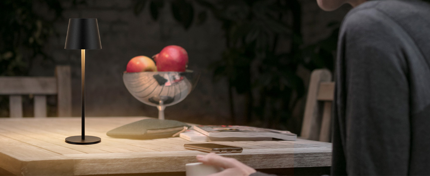 LED настільна лампа Klighten з регулюванням яскравості, акумуляторна, чорна, для дому та вулиці, USB-C, тепле світло 3000K, алюміній, IP54, вологостійка