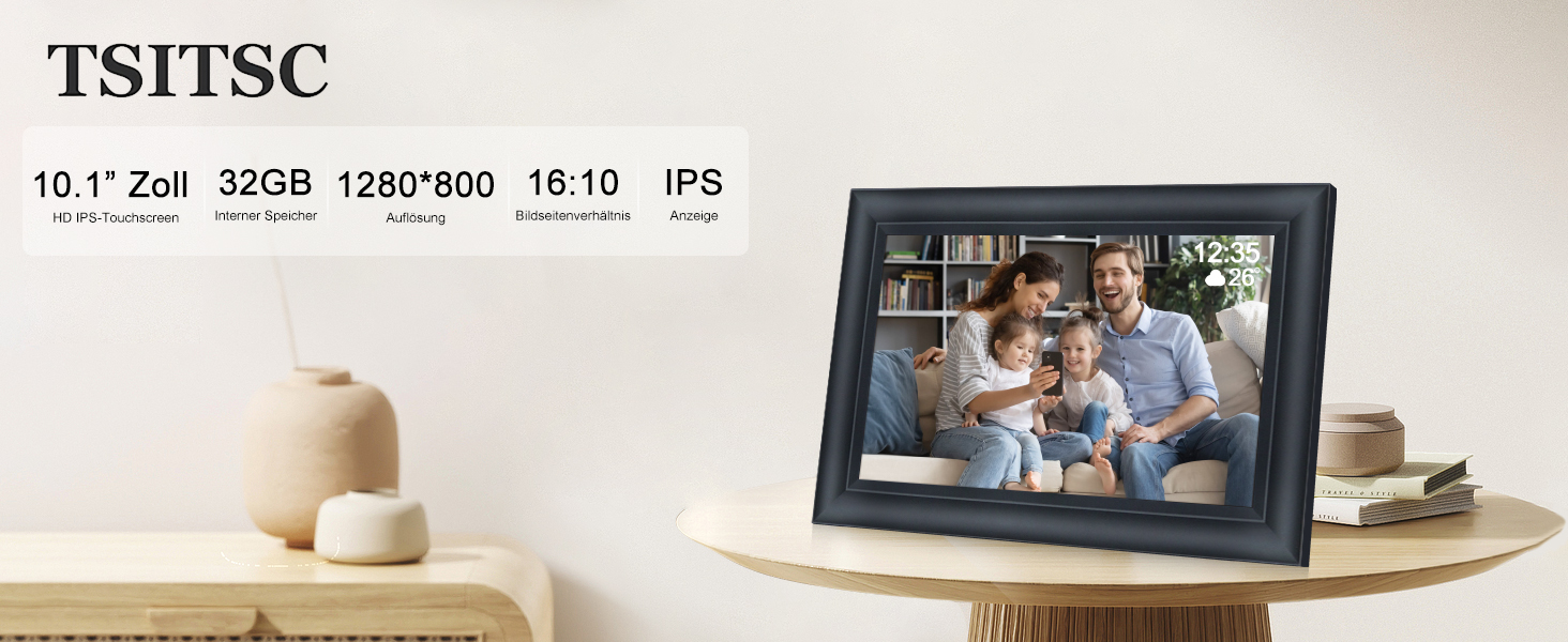 Цифровий фоторамка TSITSC 10.1 дюйма з Wi-Fi, IPS сенсорний екран, 32GB пам'яті, автоповорот, Frameo APP, чорний