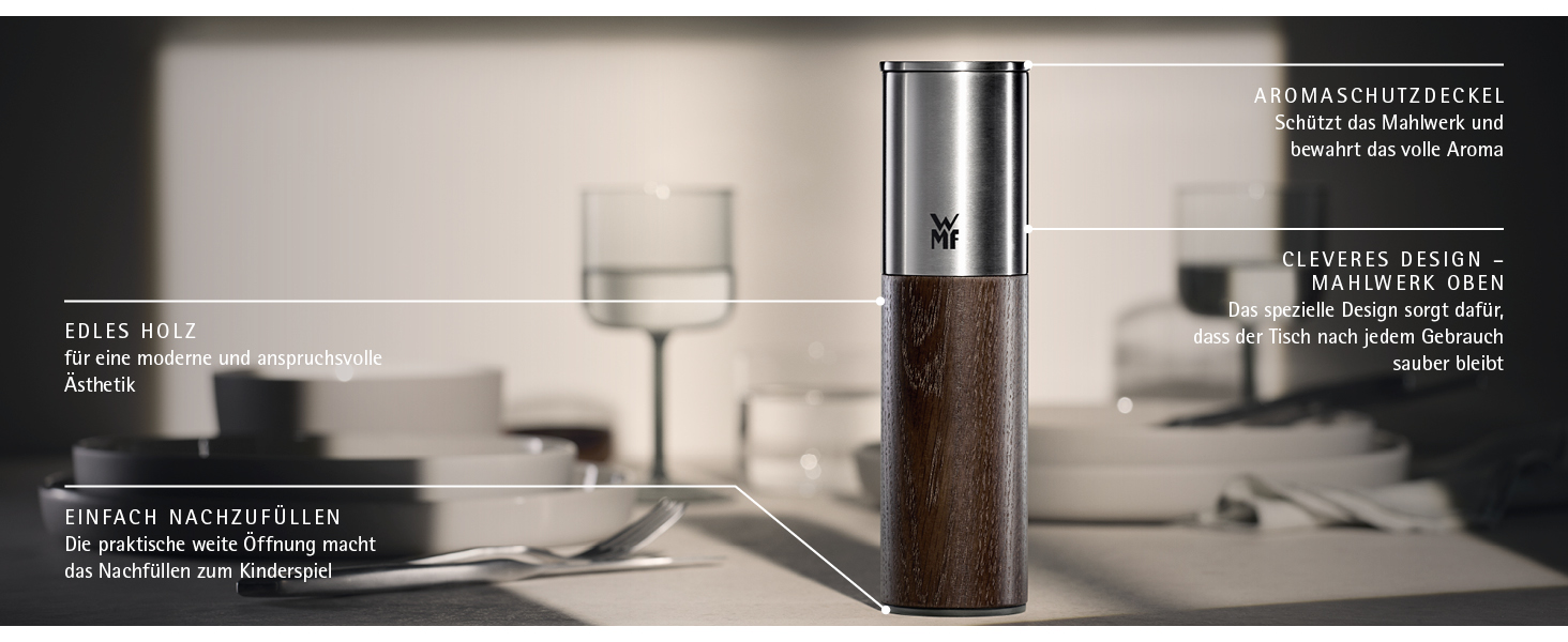 Мельниця для спецій WMF Nature Pro – соляна та перечна мельниця з керамічним механізмом, регульованим ступенем помелу, легко заповнюється, кришкою для захисту аромату, довговічний нержавіючий сталь та дерево, ручна (темно-коричнева)