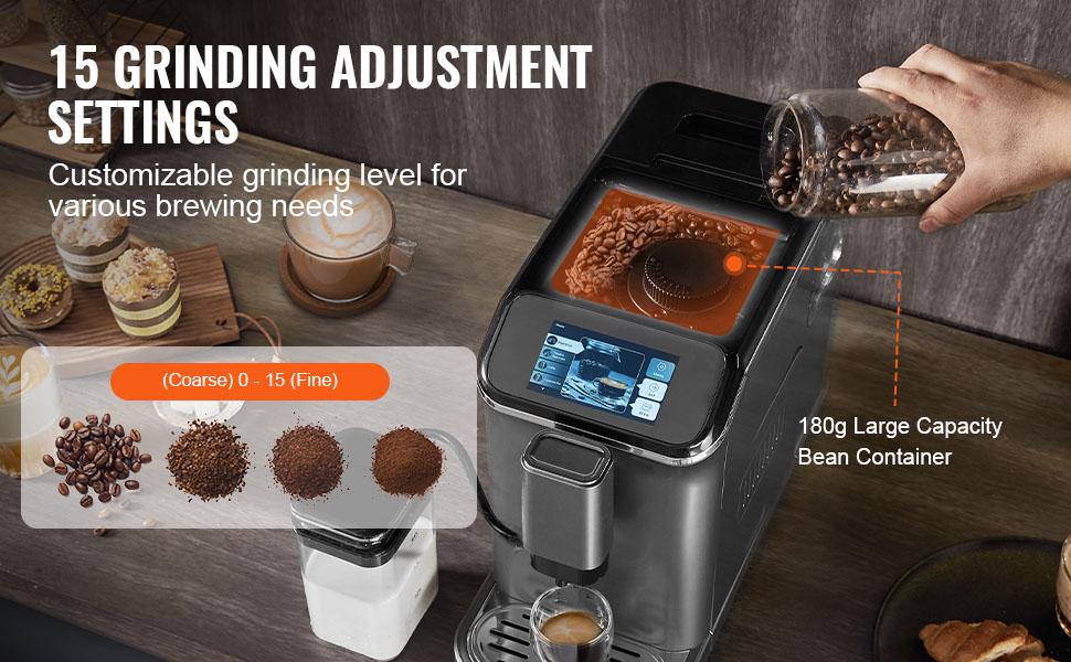 Автоматична кавомашина VEVOR CM9002A-GS з вбудованою кавомолкою, 15 ступенів помелу, резервуар для води 1.5 л, контейнер для зерен 180 г