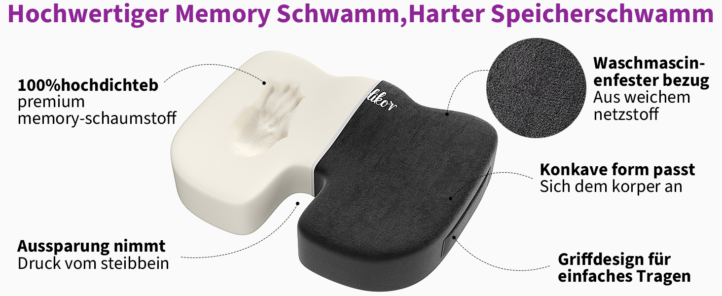 Ортопедична подушка на сидіння для копчика та стегон, ергономічна подушка для офісного крісла та авто з ефектом пам'яті (Memory Foam), протиковзкою основою, чорна