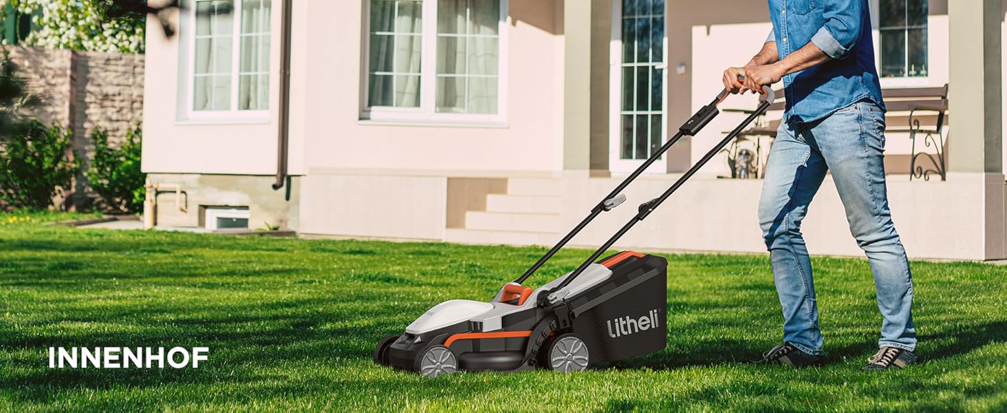 Акумуляторний газонокосарка Litheli 20V, ширина косіння 33 см, до 200 м², об'єм кошика 30 л, висота косіння 25-65 мм, з акумулятором 4.0 Ah