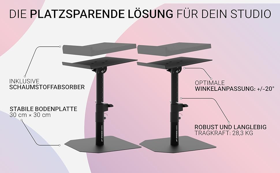 Стійкий підлоговий стенд Sprenger Audio для динаміків + звукопоглиначі, нахил ±20°, вантажопідйомність до 28 кг, для столу, студії, DJ-стілу