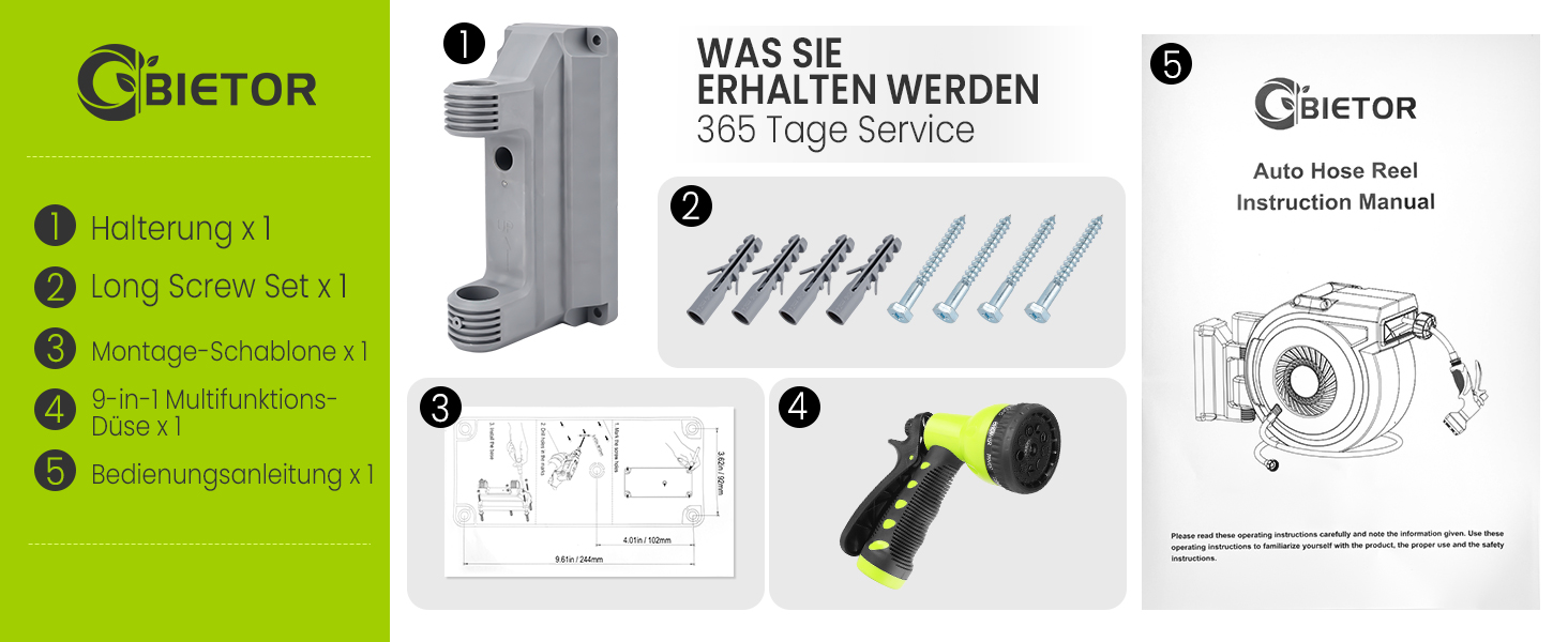 Шланговий барабан настінний автоматичний 40м, з фіксацією довжини, поворотна кріплення 180°, 9 режимів поливу для саду та миття авто