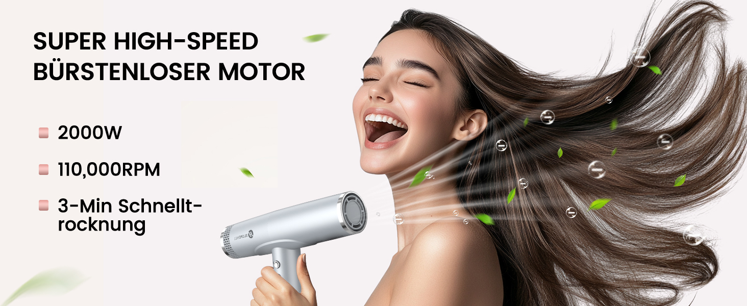 Іонний фен для волосся Slopehill з безщітковим двигуном 110 000 об/хв, біокерамічне покриття та магнітним дифузором, світло-сірий