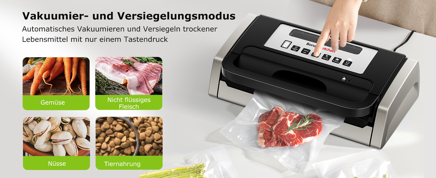 Вакууматор Bonsenkitchen для продуктів, потужний вакуумний пакувальник (15л/хв) з вбудованим різаком та ручкою-фіксатором, чорний