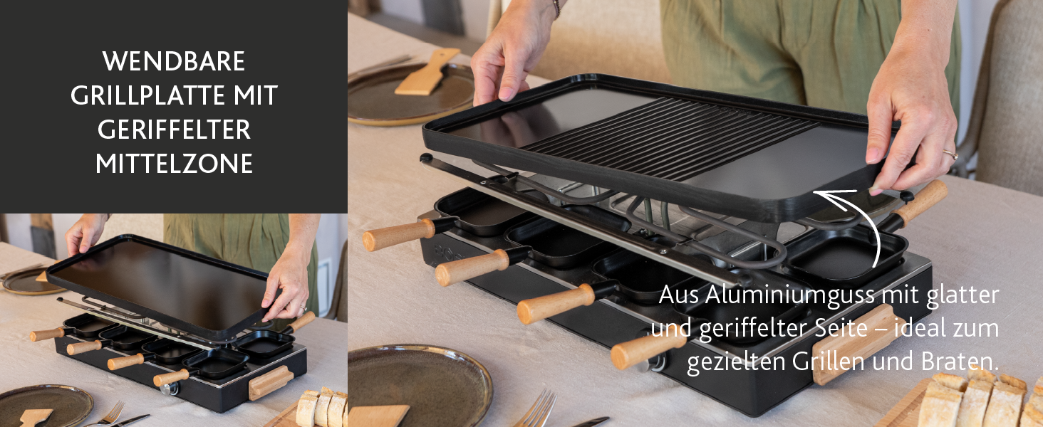 Рашетт BOSKA Raclette Gourmet Party на 8 осіб – гриль з керамічною поверхнею, ручки з бука, поворотна алюмінієва пластина, чорний колір